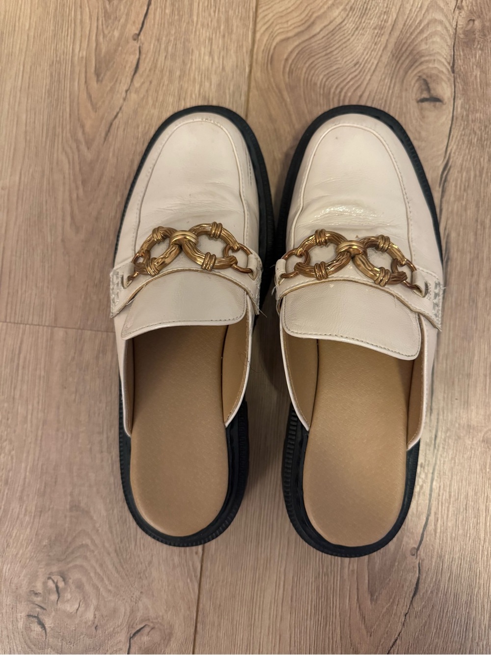 Cream Slip-On Mules with Gold Chain Accent